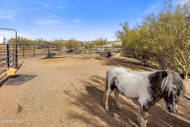 view of horse barn with a rural view