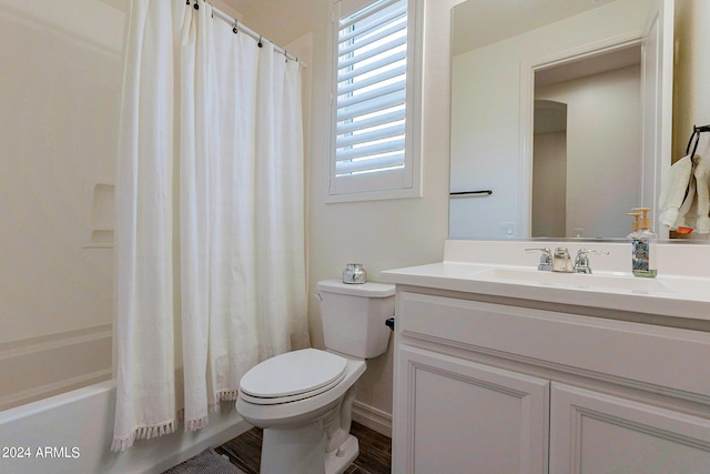 3023 W New River Dr, San Tan Valley, AZ 85144 - full bath with wood finished floors, toilet, shower / tub combo with curtain, and vanity