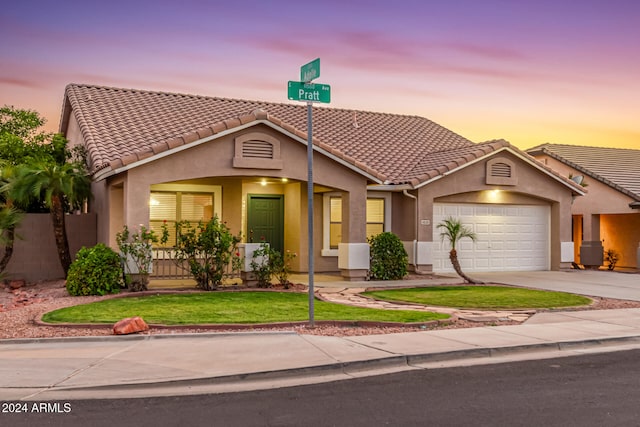 view of front of house with a garage and a lawn