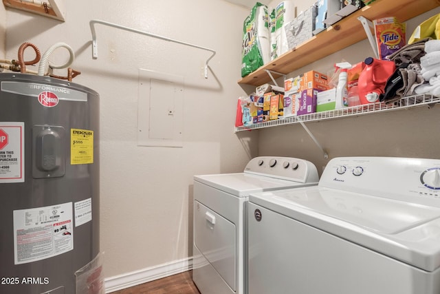 5345 E Van Buren St Unit 258, Phoenix, AZ 85008 - washroom with baseboards, laundry area, dark wood-type flooring, washing machine and dryer, and electric water heater