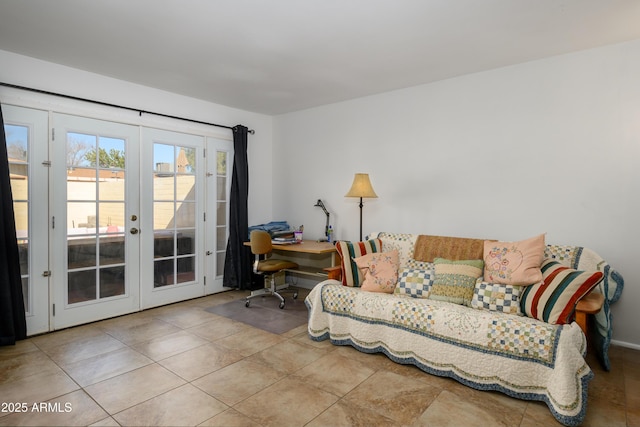 tiled living room with french doors