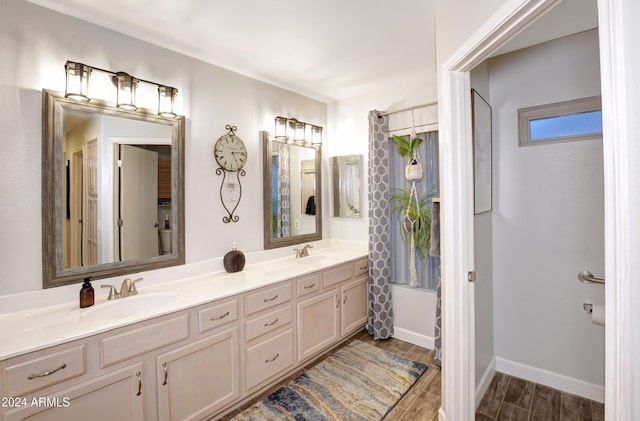 bathroom featuring double vanity, wood finished floors, a sink, and baseboards