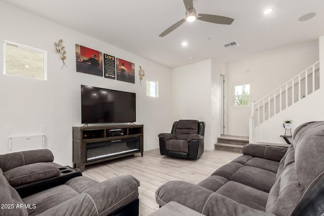 286 E Raleigh Dr, Chandler, AZ 85286 - living room featuring stairs, ceiling fan, wood finished floors, and recessed lighting
