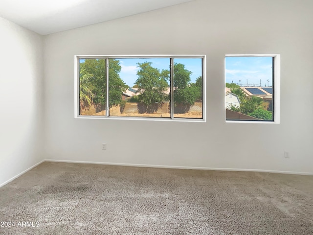 carpeted spare room featuring lofted ceiling