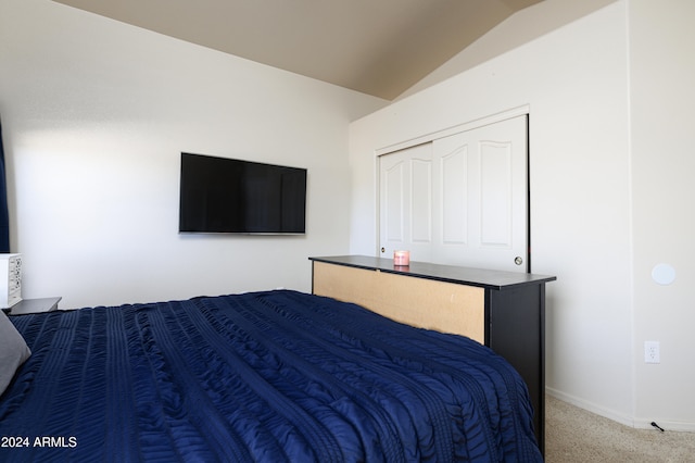 carpeted bedroom featuring a closet and vaulted ceiling