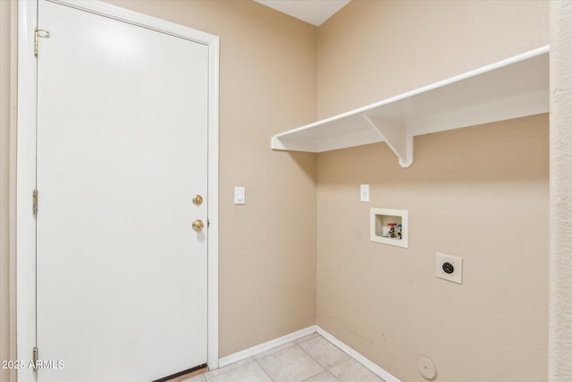 washroom featuring hookup for a washing machine, light tile patterned floors, baseboards, laundry area, and electric dryer hookup