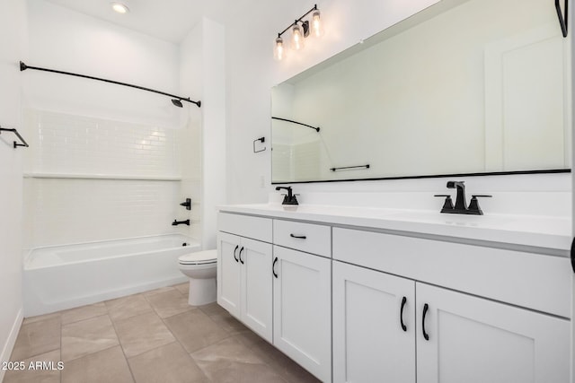 bathroom featuring shower / bathing tub combination, a sink, toilet, and double vanity
