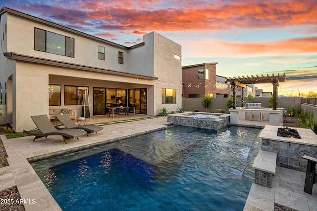 826 E Buist Ave, Phoenix, AZ 85042 - pool at dusk featuring an outdoor fire pit, area for grilling, a fenced backyard, a patio area, and a pergola