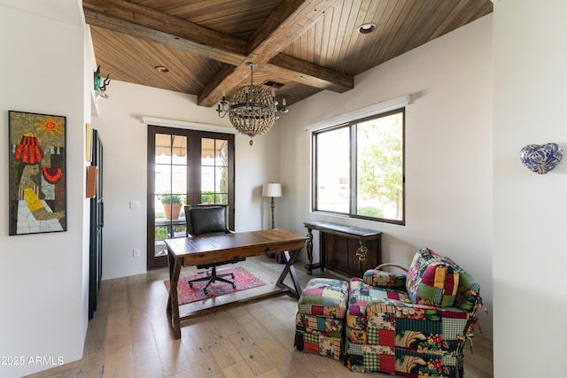 3511 N 39th Pl, Phoenix, AZ 85018 - office area featuring wood ceiling with exposed beams, a chandelier, and hardwood / wood-style floors