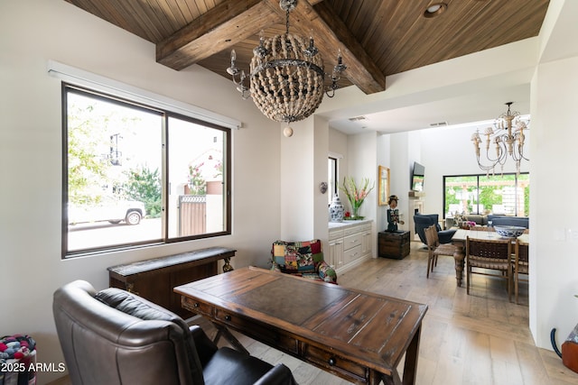 3511 N 39th Pl, Phoenix, AZ 85018 - home office with a chandelier, wood ceiling with exposed beams, and light wood finished floors