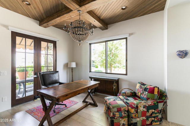 3511 N 39th Pl, Phoenix, AZ 85018 - home office featuring french doors, healthy amount of natural light, wood ceiling with exposed beams, light wood-style flooring, and a chandelier