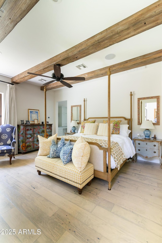 3511 N 39th Pl, Phoenix, AZ 85018 - bedroom featuring light wood-style floors, beamed ceiling, and a ceiling fan