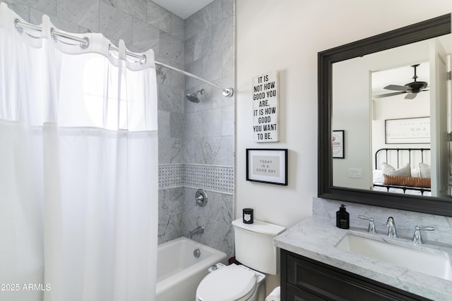 3511 N 39th Pl, Phoenix, AZ 85018 - full bathroom featuring shower / bath combination with curtain, vanity, toilet, ceiling fan, and ensuite bath