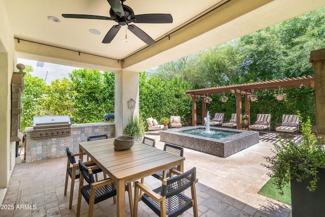 3511 N 39th Pl, Phoenix, AZ 85018 - view of patio / terrace featuring outdoor dining space, a pergola, and a ceiling fan