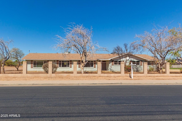 single story home featuring a fenced front yard