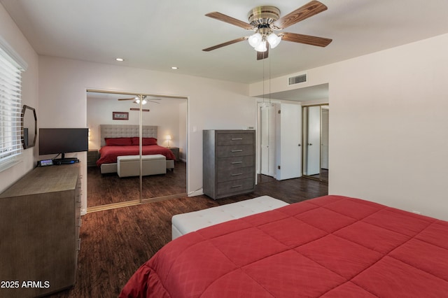 bedroom featuring dark wood-type flooring, recessed lighting, and ceiling fan