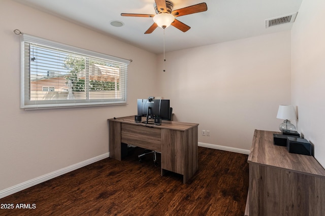 home office with a ceiling fan, dark wood finished floors, and baseboards