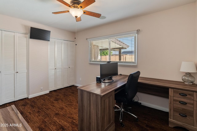 home office with ceiling fan, dark wood finished floors, and baseboards