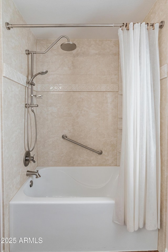 full bathroom with shower / bath combination with curtain