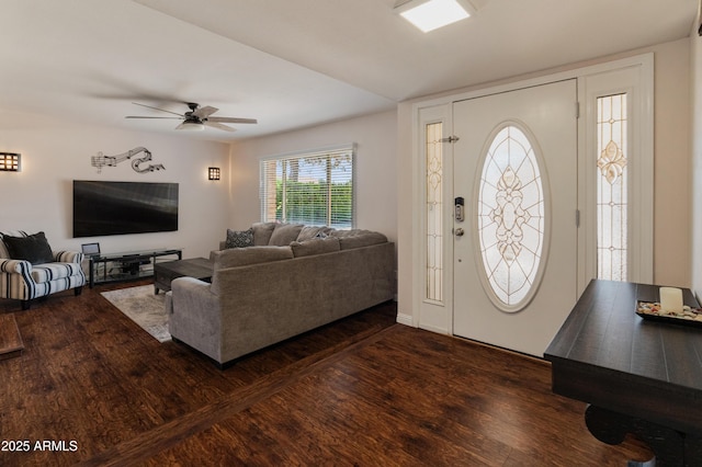 entrance foyer with wood finished floors and ceiling fan