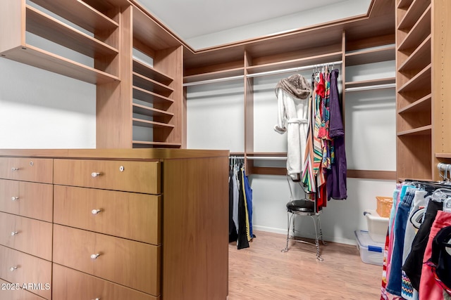 walk in closet with light wood finished floors