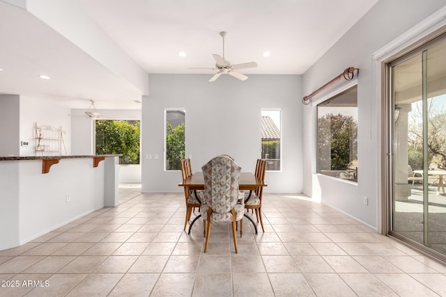 dining area with recessed lighting, light tile patterned flooring, and ceiling fan