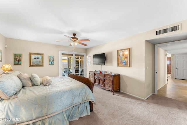 bedroom with ceiling fan, visible vents, access to exterior, baseboards, and carpet