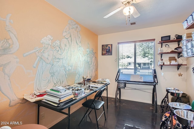 office area with ceiling fan