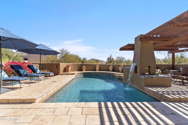 view of swimming pool featuring a pergola, pool water feature, and a patio area