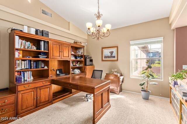 carpeted office space with a notable chandelier and vaulted ceiling