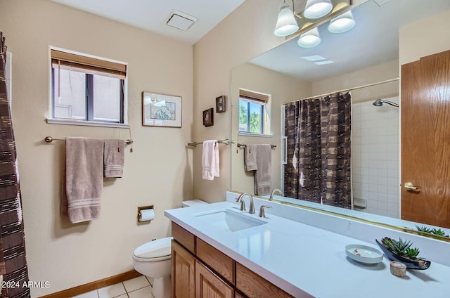 full bathroom with curtained shower, visible vents, toilet, vanity, and tile patterned floors