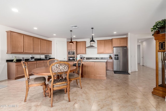 kitchen with pendant lighting, a center island with sink, light tile patterned floors, and stainless steel appliances