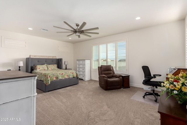 bedroom with ceiling fan and carpet