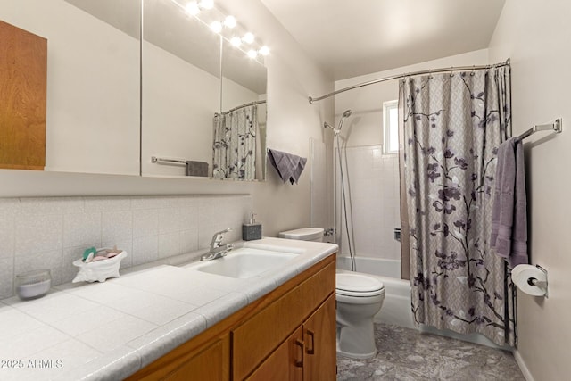62 W Beall Ave, Mesa, AZ 85210 - bathroom featuring toilet, vanity, shower / tub combo, and backsplash