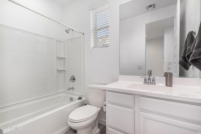 full bathroom featuring bathtub / shower combination, vanity, and toilet