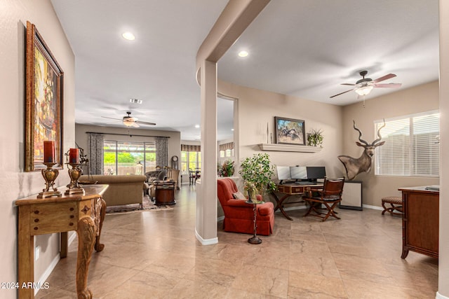 interior space featuring visible vents, recessed lighting, a ceiling fan, and baseboards