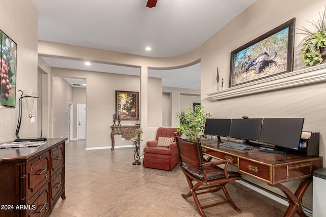 office space with recessed lighting, a ceiling fan, and baseboards