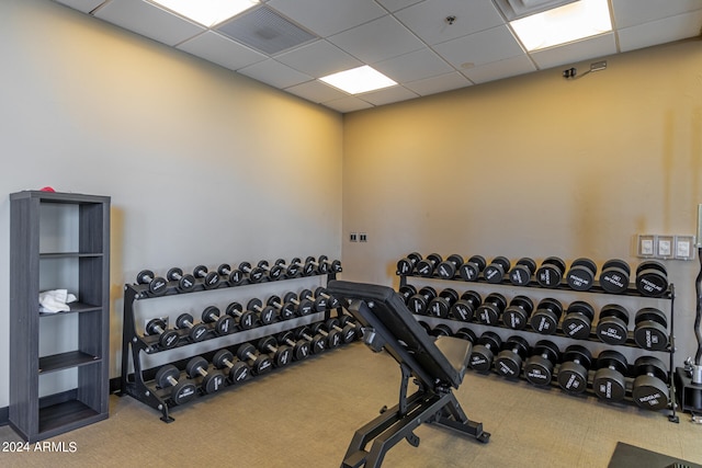 exercise room with a paneled ceiling, visible vents, and carpet