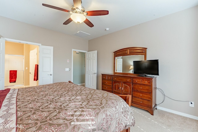 bedroom featuring light carpet, ceiling fan, and baseboards