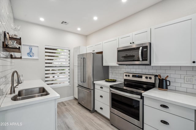 kitchen featuring appliances with stainless steel finishes, a sink, decorative backsplash, white cabinets, and recessed lighting