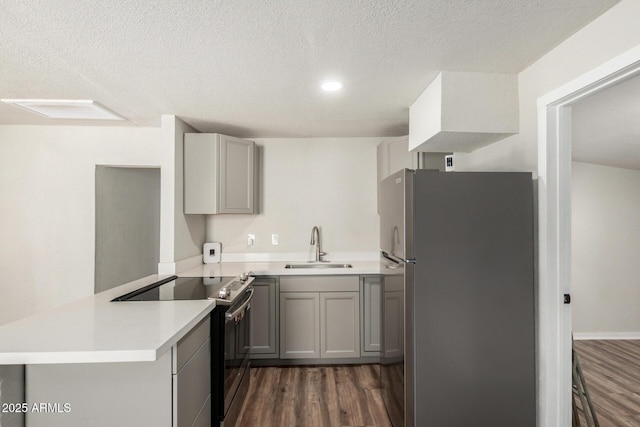 1424 S Bonarden Ln, Tempe, AZ 85281 - kitchen with dark wood-style flooring, a peninsula, gray cabinetry, appliances with stainless steel finishes, and a sink