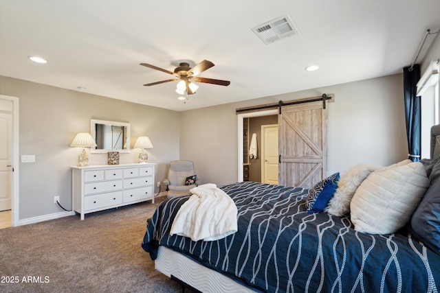 2726 E Fairmount Ave, Phoenix, AZ 85016 - bedroom featuring visible vents, baseboards, recessed lighting, a barn door, and carpet flooring