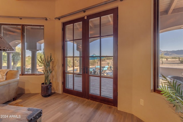 entryway with a wealth of natural light, french doors, a mountain view, and hardwood / wood-style flooring