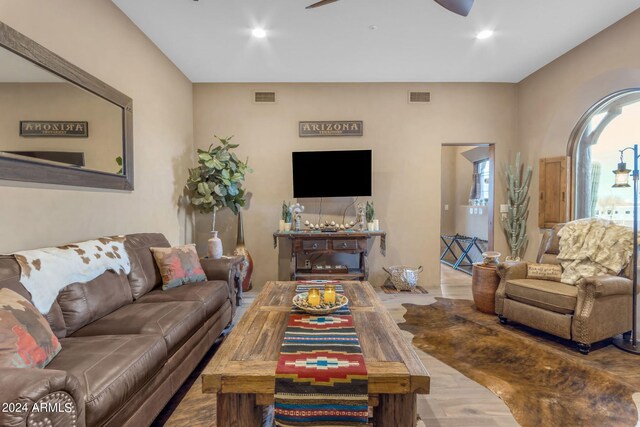 living room with ceiling fan