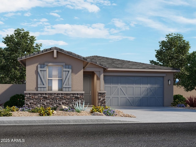 view of front facade featuring concrete driveway, a garage, stone siding, and stucco siding