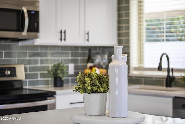 room details featuring sink, white cabinetry, stainless steel appliances, and tasteful backsplash