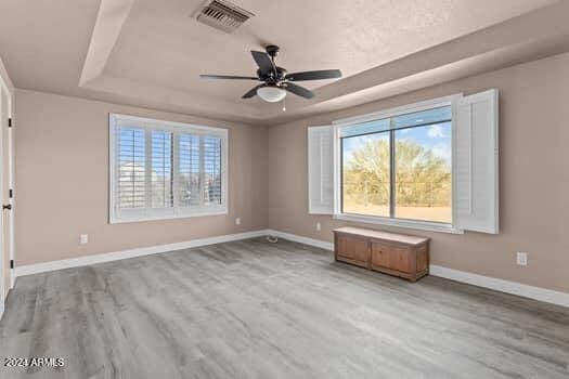 spare room with light wood-type flooring, ceiling fan, and a raised ceiling