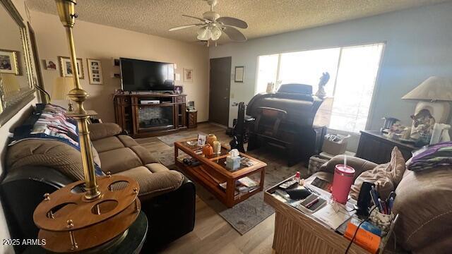 living room with a textured ceiling, a ceiling fan, and wood finished floors