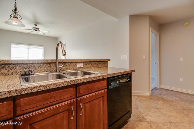 kitchen featuring sink, ceiling fan, light tile patterned floors, black dishwasher, and decorative light fixtures