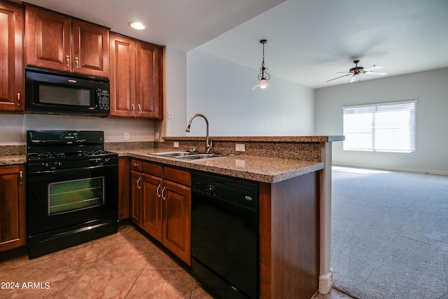 kitchen featuring ceiling fan, sink, kitchen peninsula, light colored carpet, and black appliances